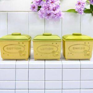 Vintage Baby Nursery Plastic Footed Organizing Jars Pale Yellow Green Lids